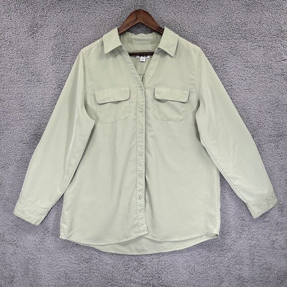 D&Co. Soft Utility Tunic Top Women M Green Button Front Roll Tab Long Sleeve J09 - Picture 1 of 12